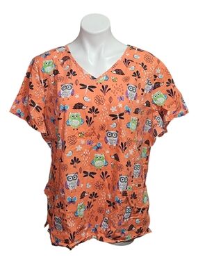 Scrubstar Orange Owl Print V-Neck Scrub Top